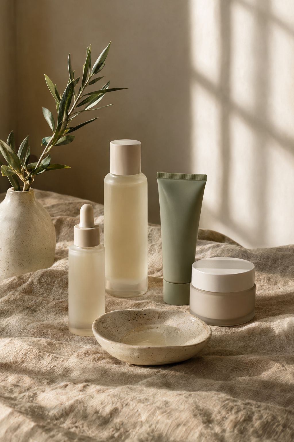 Neutral skincare bottles and a ceramic dish on linen in soft morning light