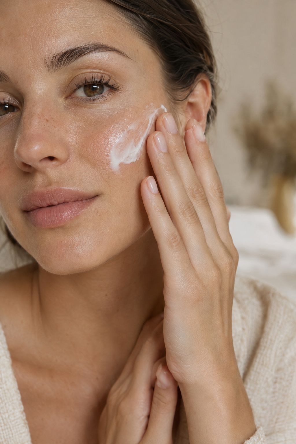 A woman gently applying moisturizer to her cheek